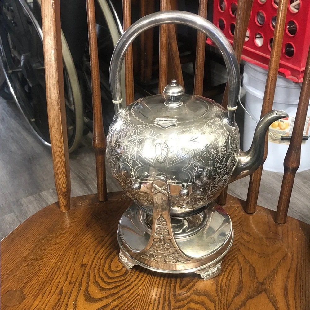 Ornate Silver-Finish Tea Kettle with Stand - Decorative Serving Piece